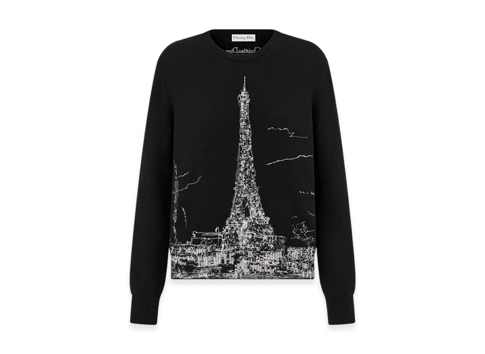 Dior Women's Cashmere and Silk Knit with Paris Motif Embroidered Sweater "Black/White"