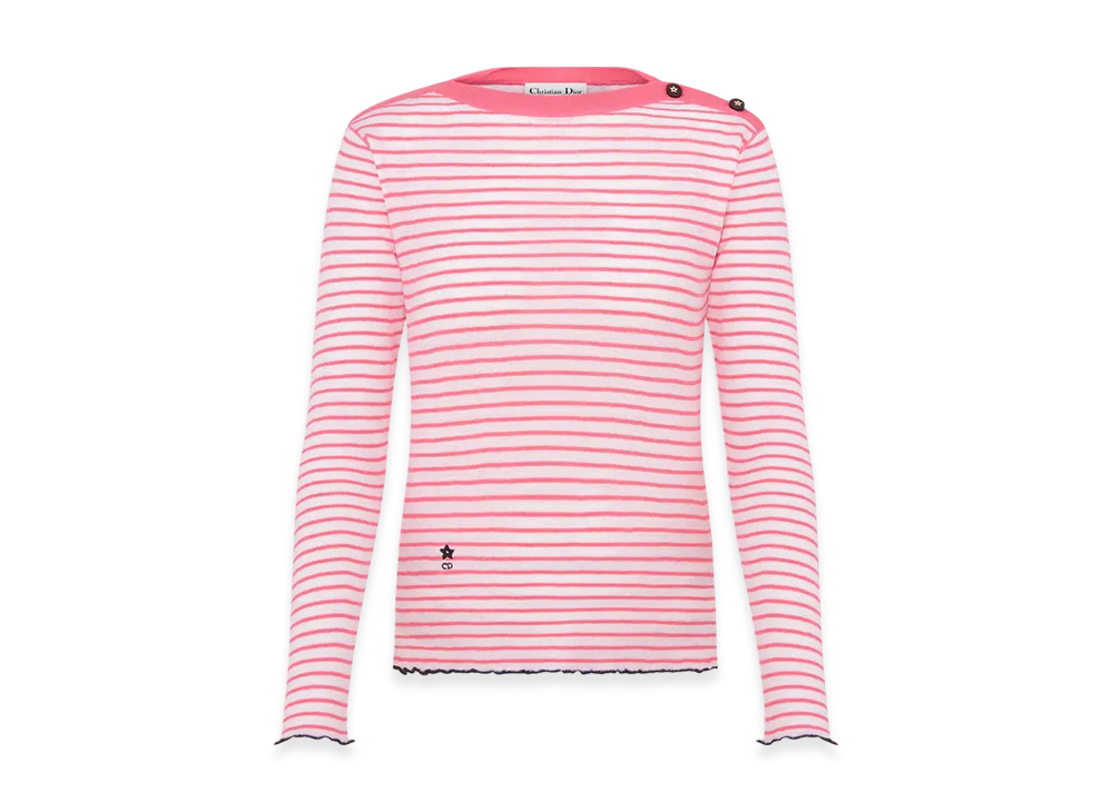 Dior Women's Linen Cashmere and Silk Ribbed Knit with Dior Mariniere Motif Dioriviera Sweater "White/Candy Pink"