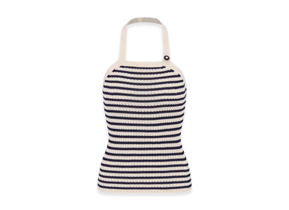 Dior Women's Dioriviera Backless Tank Top Cotton Ribbed Knit with Dior Mariniere Motif "White/Navy Blue"