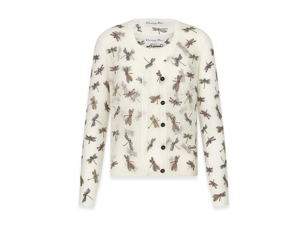 Dior Women's Mohair and Alpaca Blend Knit with Dragonfly Motif Twinset "White"