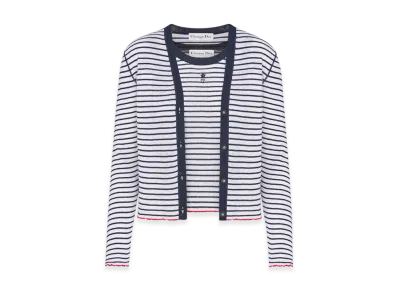 Dior Women's Linen Cashmere and Silk Ribbed Knit with Dior Mariniere Motif Dioriviera Twinset "White/Navy"