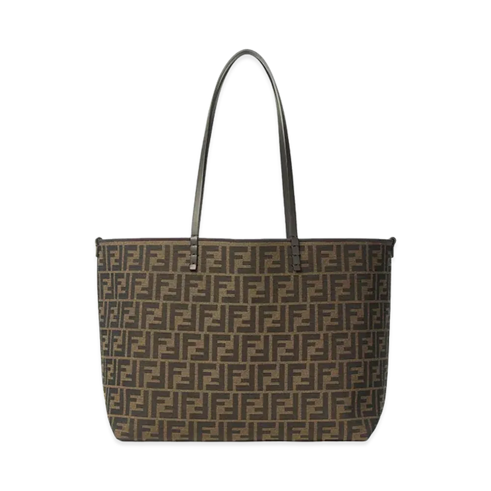 FENDI Women's Roll Medium Shopper in FF Jacquard And Pequin Striped Fabric "Brown"