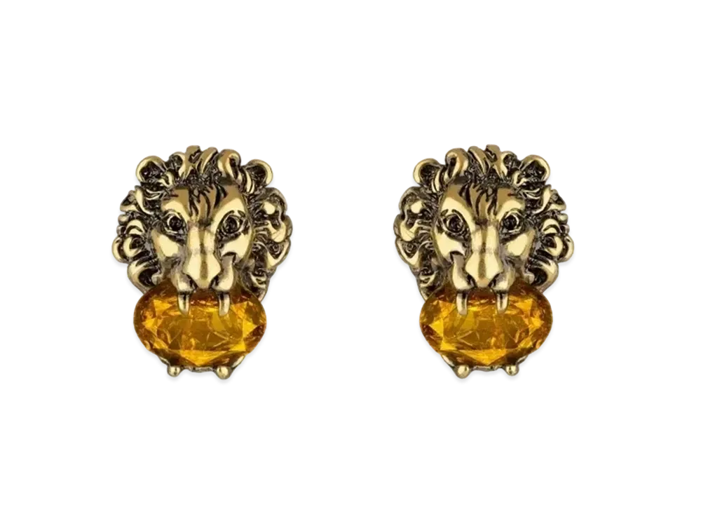 GUCCI Lion Head Earrings with Crystals "Gold"