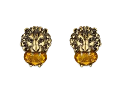 GUCCI Lion Head Earrings with Crystals "Gold"