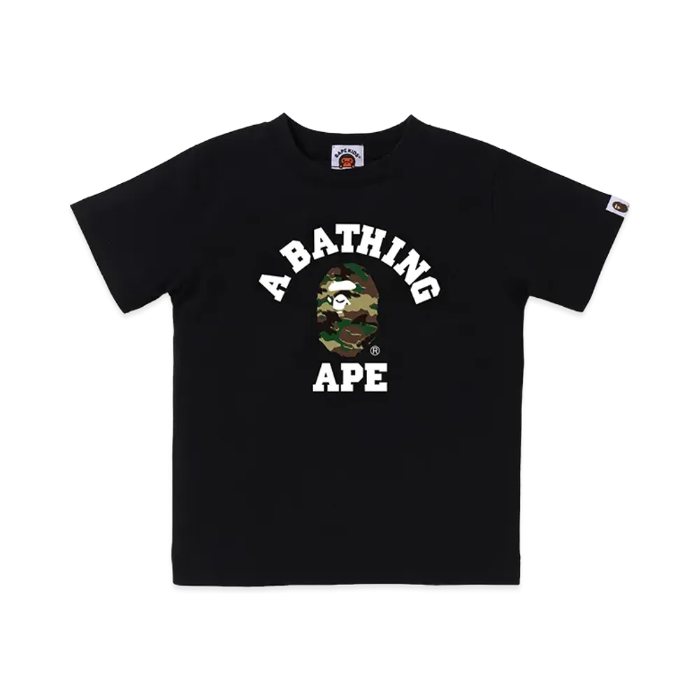 A BATHING APE Kids Glitch Woodland Camo College Tee "Black/Green"