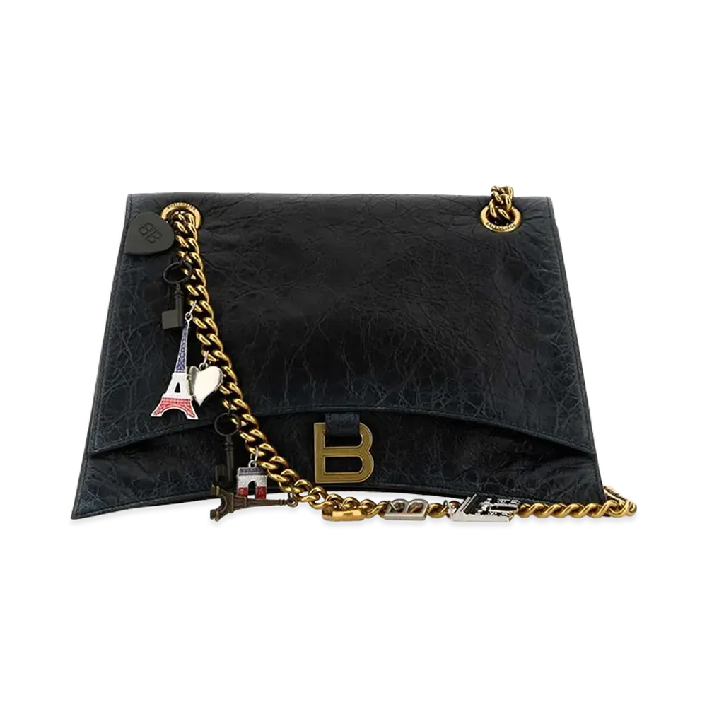 BALENCIAGA Women's Leather Medium Crush Chain Shoulder Bag "Black"
