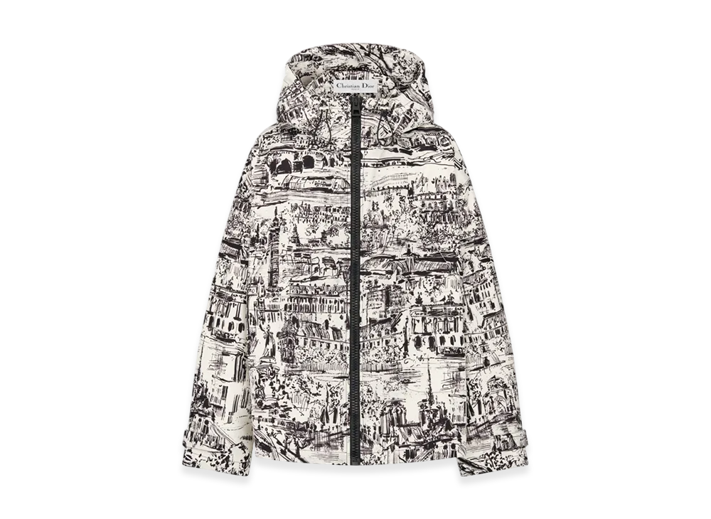 Dior Women's Technical Taffeta Jacquard with Paris Allover Motif Hooded Anorak "White/Black"