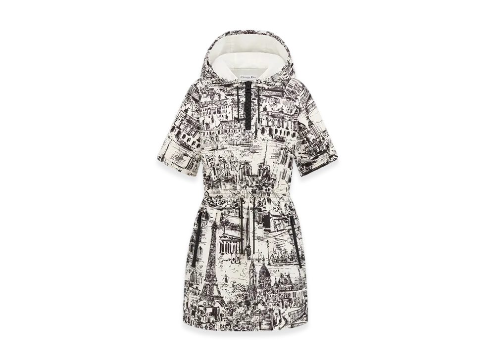 Dior Women's Technical Taffeta Jacquard with Paris Allover Motif Short Hooded Dress "White/Black"