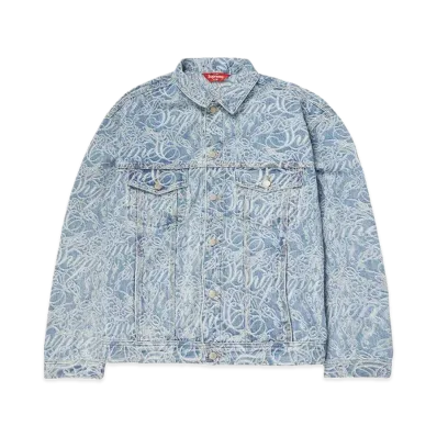Supreme Script Jacquard Denim Trucker Jacket "Washed Blue"