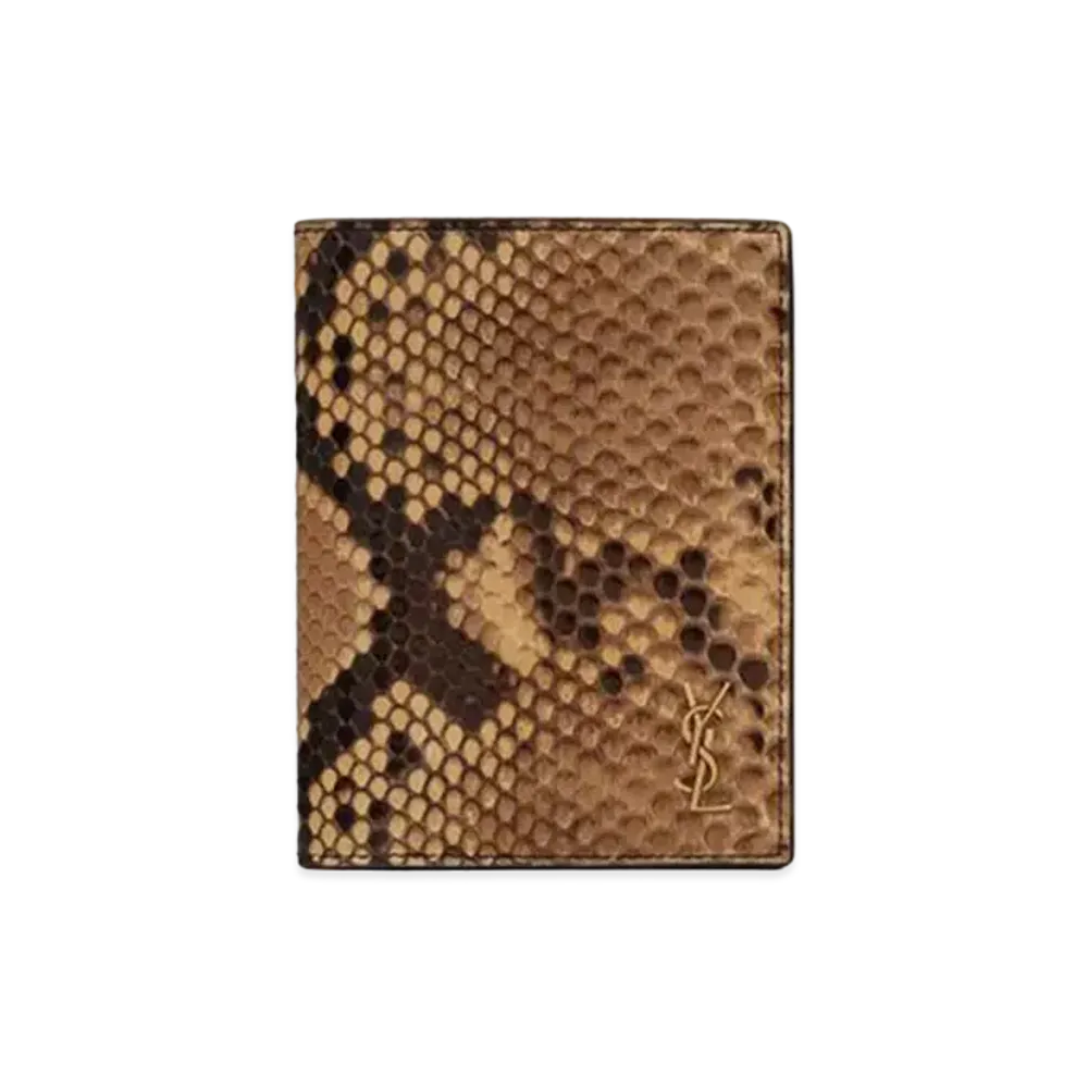 Saint Laurent Tiny Cassandre Credit Card Wallet In Python "Beige/Brown"