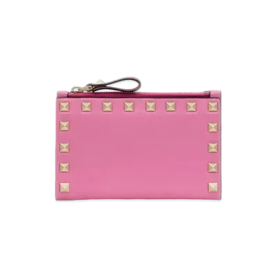 Valentino Rockstud Calfskin Cardholder With Zipper "Dawn Pink"