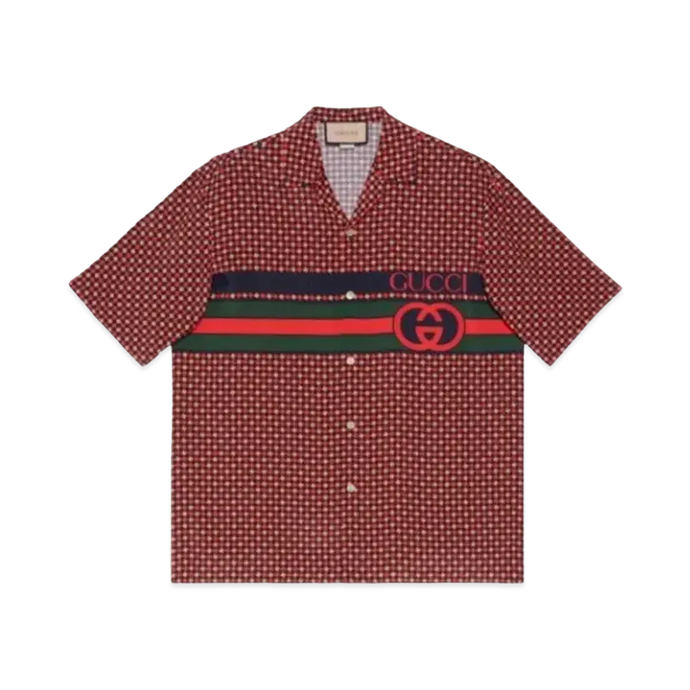GUCCI Men's Geometric Houndstooth Print Bowling Shirt "Red"