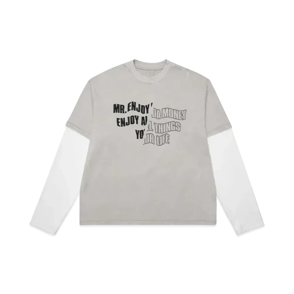 MR. ENJOY DA MONEY Fake Two Pieces Of Cutting Words Long Sleeves "Grey"