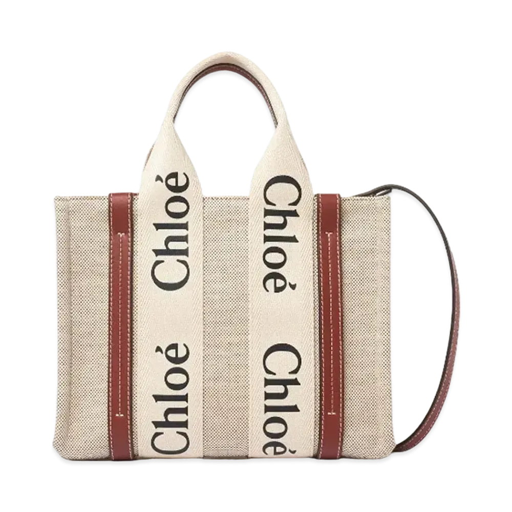 Chloe Small Woody Tote Bag With Strap In Cotton Canvas & Shiny Calfskin With Woody Ribbon "Brown"