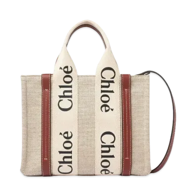 Chloe Small Woody Tote Bag With Strap In Cotton Canvas & Shiny Calfskin With Woody Ribbon "Brown"
