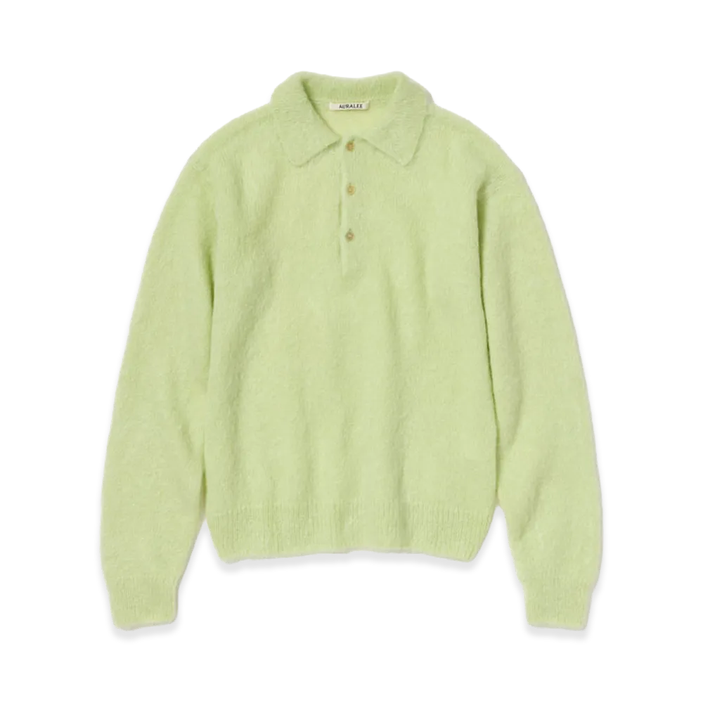 AURALEE Brushed Super Kid Mohair Knit Polo "Light Lime"