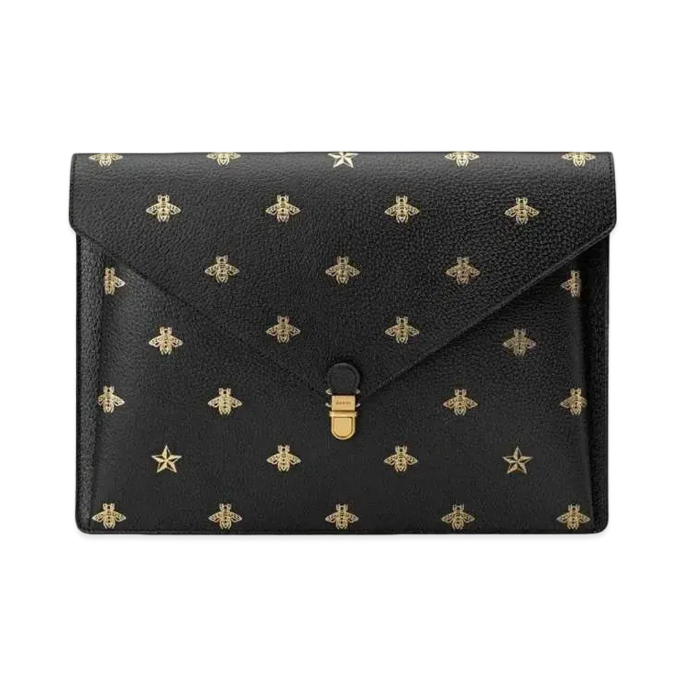 GUCCI Bee Star Leather Clutch Bag "Black"