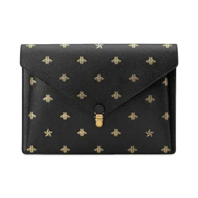 GUCCI Bee Star Leather Clutch Bag "Black"