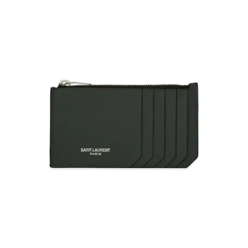 Saint Laurent Fragments Zipped Credit Card Case In Grain De Poudre Embossed Leather "Dark Green"