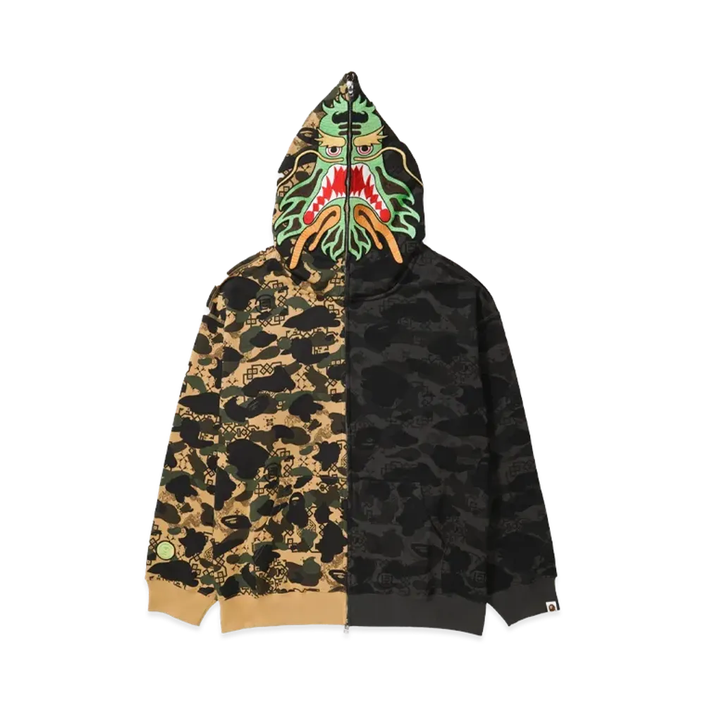 A BATHING APE x CLOT Camo Split Relaxed Fit Shark Full Zip Hoodie "Black"