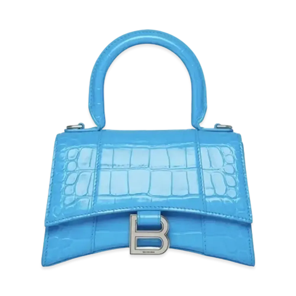 BALENCIAGA Hourglass XS Handbag Crocodile Embossed "Blue"