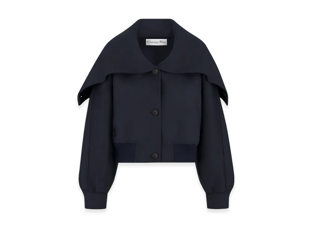 Dior Women's Double Sided Virgin Wool and Rabbit Fur Blend Felt with Miss Dior Graffiti Signature Bomber Jacket with Oversized Collar "Navy Blue"