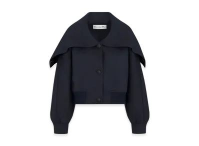 Dior Women's Double Sided Virgin Wool and Rabbit Fur Blend Felt with Miss Dior Graffiti Signature Bomber Jacket with Oversized Collar "Navy Blue"