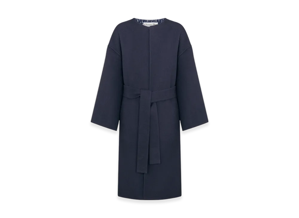 Dior Women's Double Sided Virgin Wool and Silk with Miss Dior Allover Interior Coat with Belt "Navy Blue"