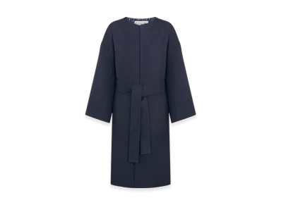 Dior Women's Double Sided Virgin Wool and Silk with Miss Dior Allover Interior Coat with Belt "Navy Blue"