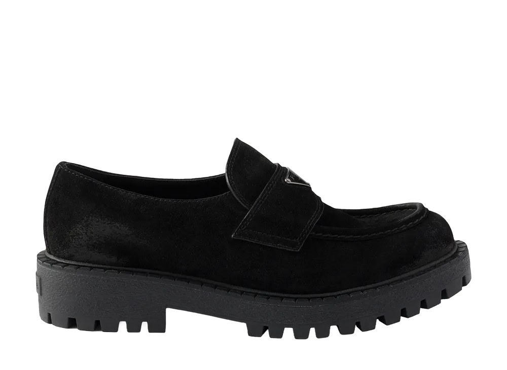 PRADA Aged Suede Loafers "Black"