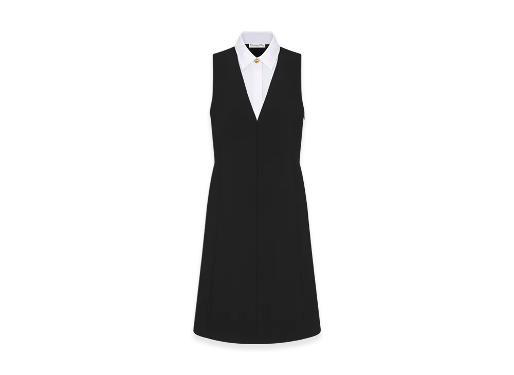 Dior Women's Double Sided Virgin Wool Crepe and Cotton Poplin Dress with Spread Collar "Black"