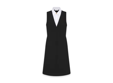Dior Women's Double Sided Virgin Wool Crepe and Cotton Poplin Dress with Spread Collar "Black"