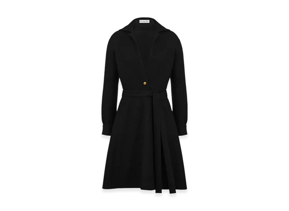 Dior Women's Virgin Wool and Cotton Boucle Blend Belted Flared Dress "Black"