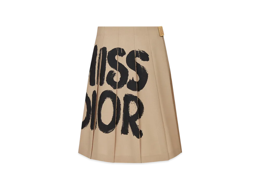 Dior Women's Virgin Wool and Mohair with Miss Dior Graffiti Motif Wrap Skirt with Integrated Shorts "Beige"