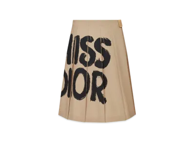Dior Women's Virgin Wool and Mohair with Miss Dior Graffiti Motif Wrap Skirt with Integrated Shorts "Beige"