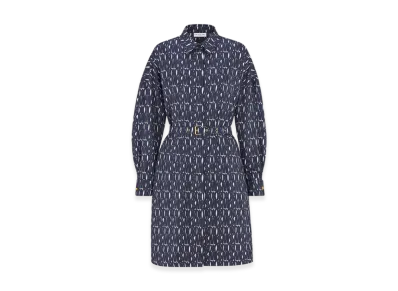 Dior Women's Silk Twill with Miss Dior Allover Motif Belted Shirt Dress "White/Navy Blue"