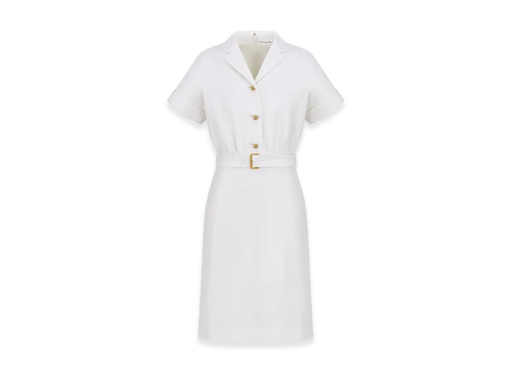 Dior Women's Virgin Wool and Cotton Boucle Blend Belted Dress "White"