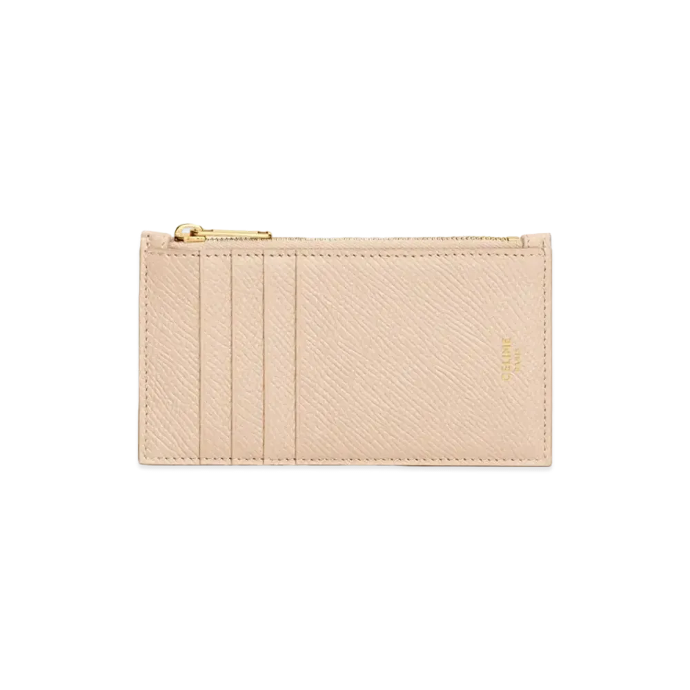 CELINE Zipped Compact Card Holder In Grained Calfskin "Nude"