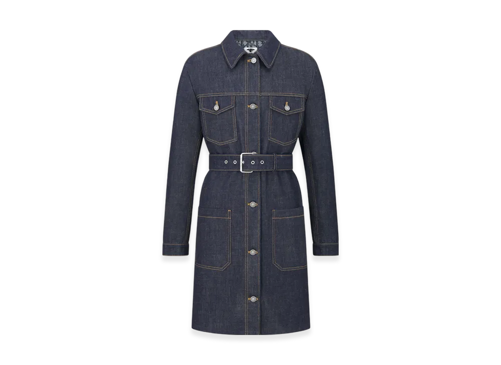 Dior Women's Raw Cotton Denim with Oblique Interior Long Belted Jacket "Blue"