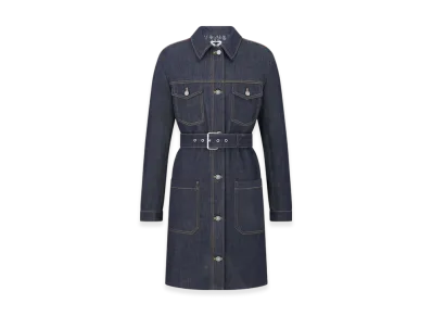 Dior Women's Raw Cotton Denim with Oblique Interior Long Belted Jacket "Blue"