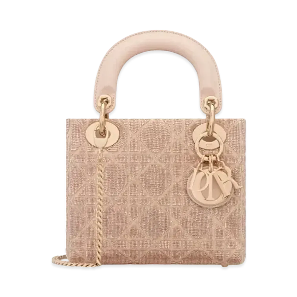 Dior Mini Lady Bag Cannage Cotton Embroidered Micropearls "Caramel Beige"