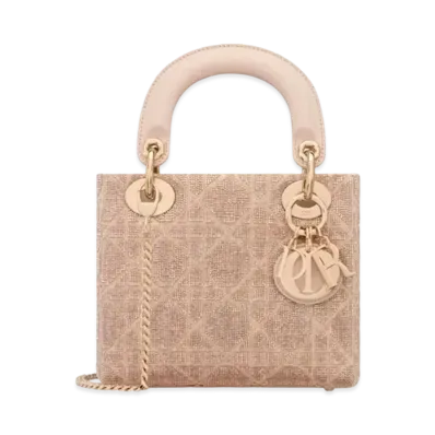 Dior Mini Lady Bag Cannage Cotton Embroidered Micropearls "Caramel Beige"