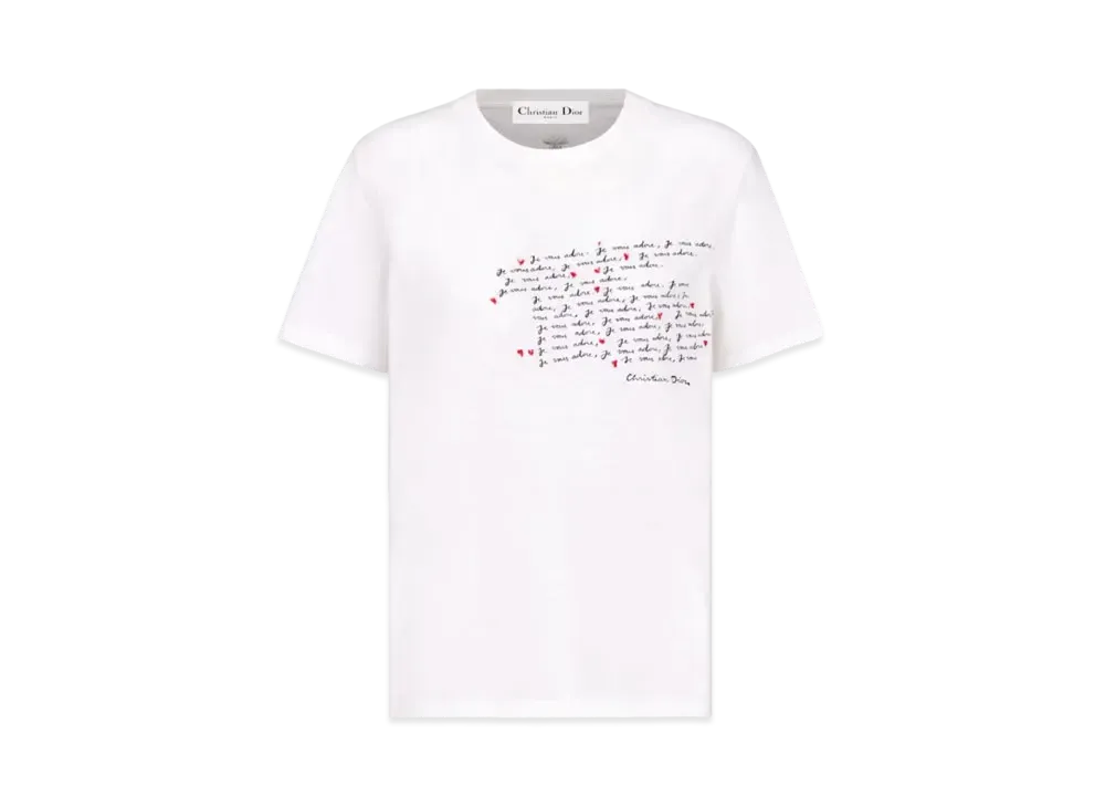 Dior Dioramour Embroidered T-Shirt Cotton and Linen Jersey with Je Vous Adore Motif "White/Black/Red"