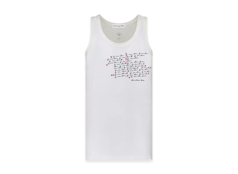 Dior Women's Cotton and Linen Jersey with Je Vous Adore Motif Dioramour Embroidered Tank Top "White"
