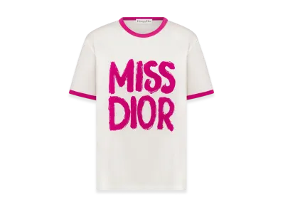 Dior Women's Cotton and Linen Jersey with Miss Dior Graffiti Motif T-Shirt "Fuchsia"