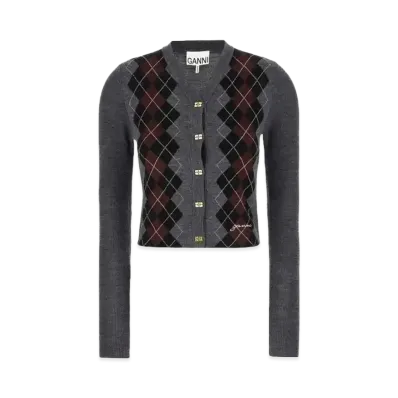 GANNI Fine Merino Jacquard Cardigan "Frost Grey"