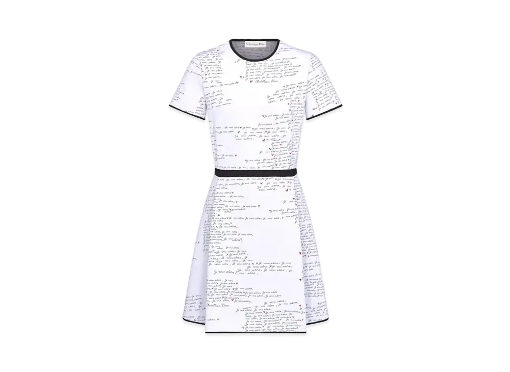 Dior Dioramour Short Dress Technical Knit with Je Vous Adore Motif "White/Black/Red"