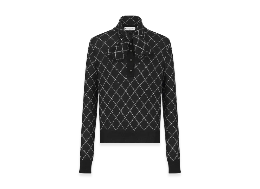 Dior Women's Check'N' Dior Mohair and Alpaca Blend Knit Tied Collar Sweater "Black"