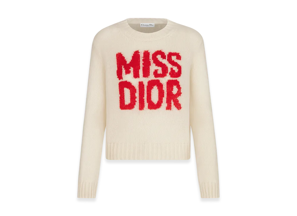 Dior Women's Cashmere and Silk Knit with Miss Dior Graffiti Motif Sweater "White/Red"