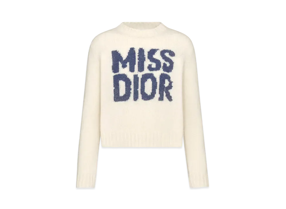 Dior Sweater Ecru Cashmere and Silk Knit with Miss Dior Graffiti Motif "Blue"